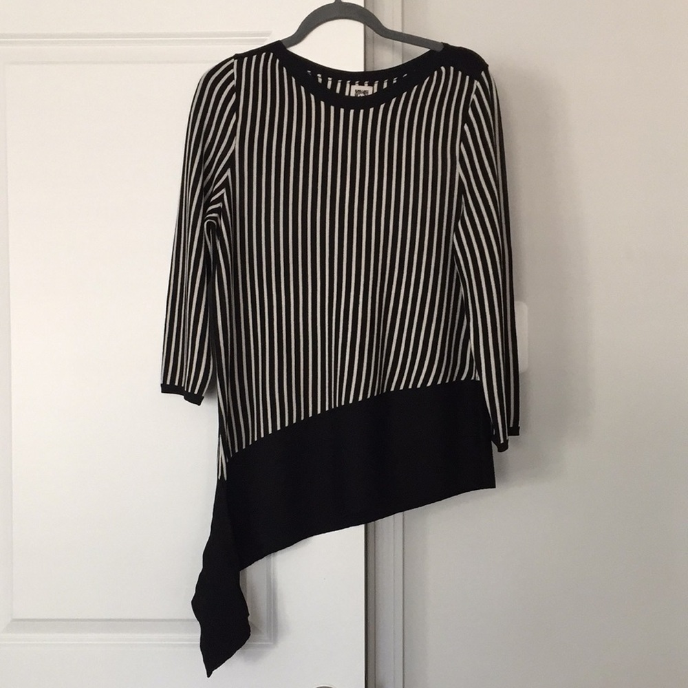 Anne Klein Asymmetrical Knit Top SizeM Black White Stripes Office Chic Old Money